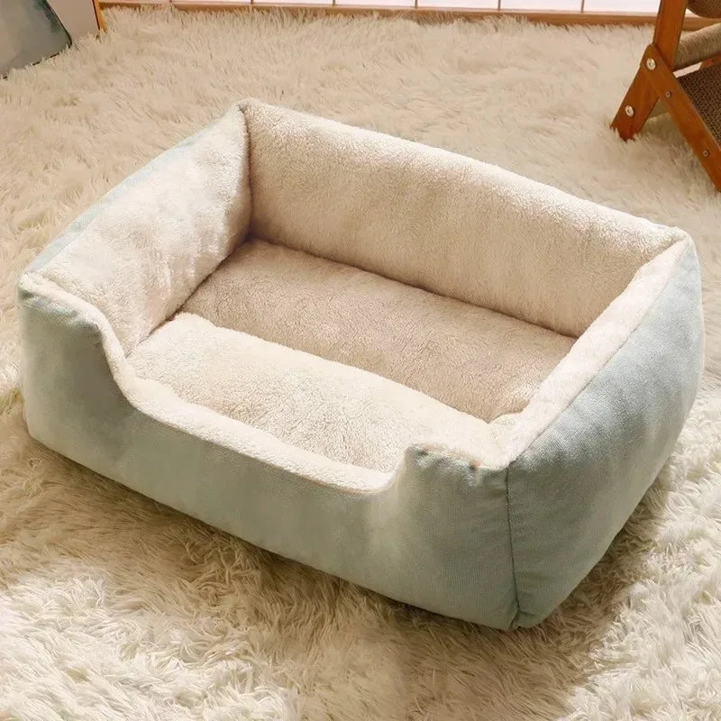 Un coussin de lit pour chat bleu clair en peluche posé sur un tapis blanc moelleux.