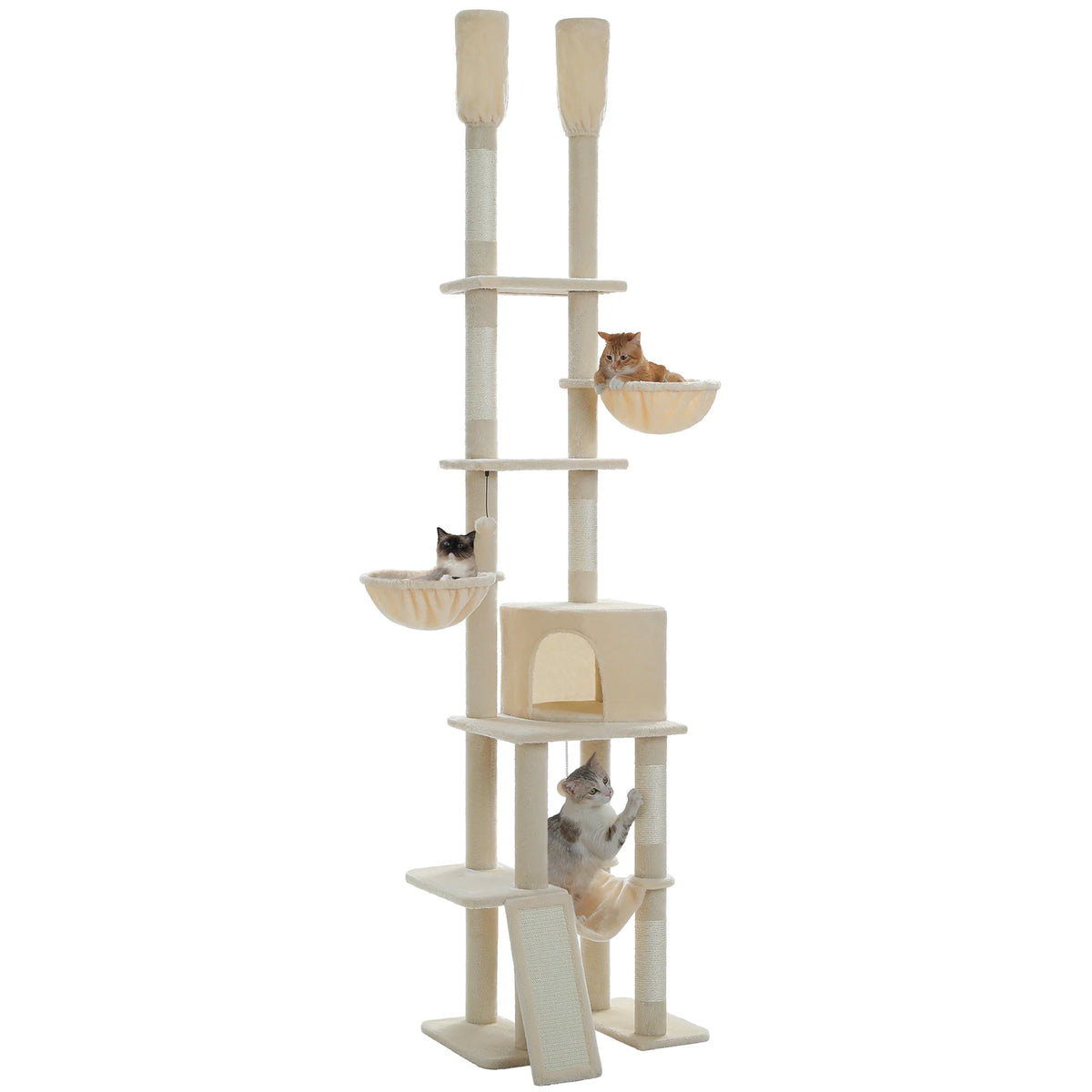 A light beige cat tree tower with multiple levels, hammocks, and scratching posts for climbing and resting.