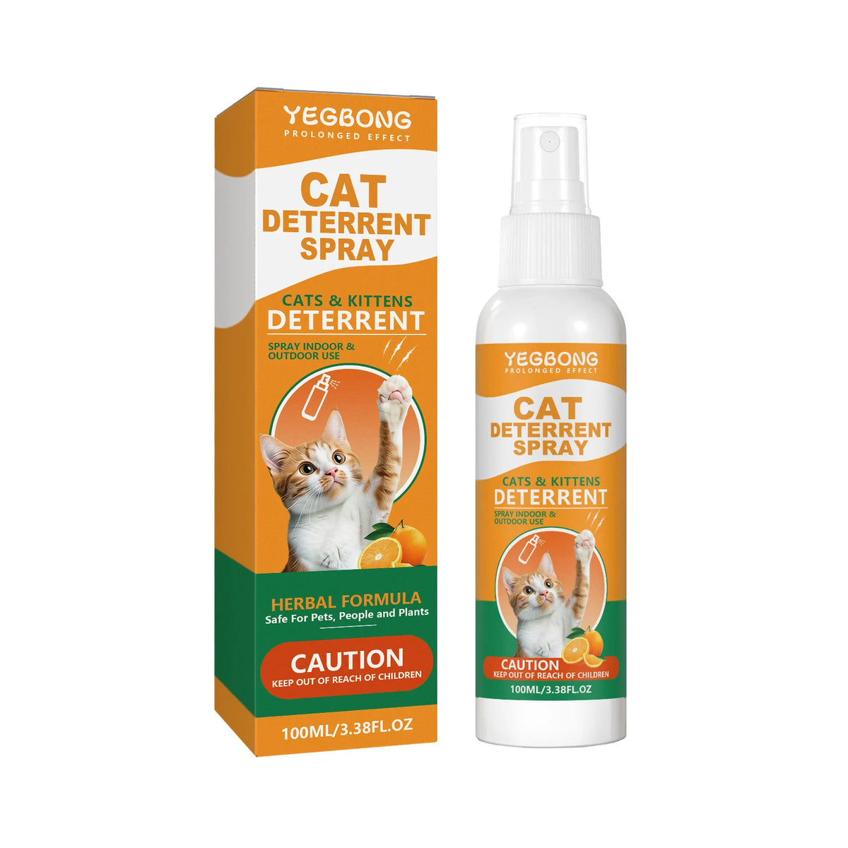 A bottle of Yegbong Cat Deterrent Spray for pets and plants with an orange label.