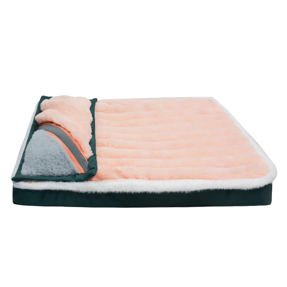 A cozy fleece dog bed with a pink quilted insert and a gray detachable cover.
