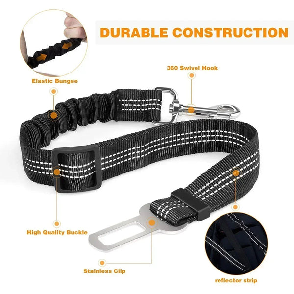 Black reflective dog car seat belt leash featuring a durable construction, swivel hook, and stainless clip.