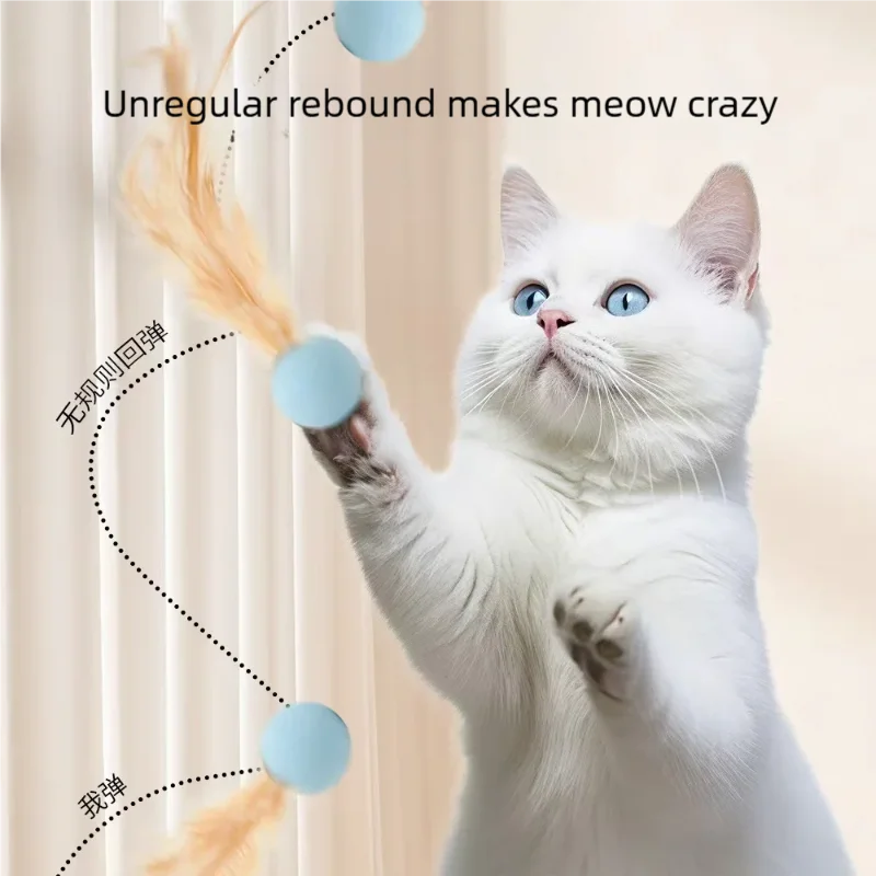 A white cat is playing with an interactive feather toy, causing a rebound effect.