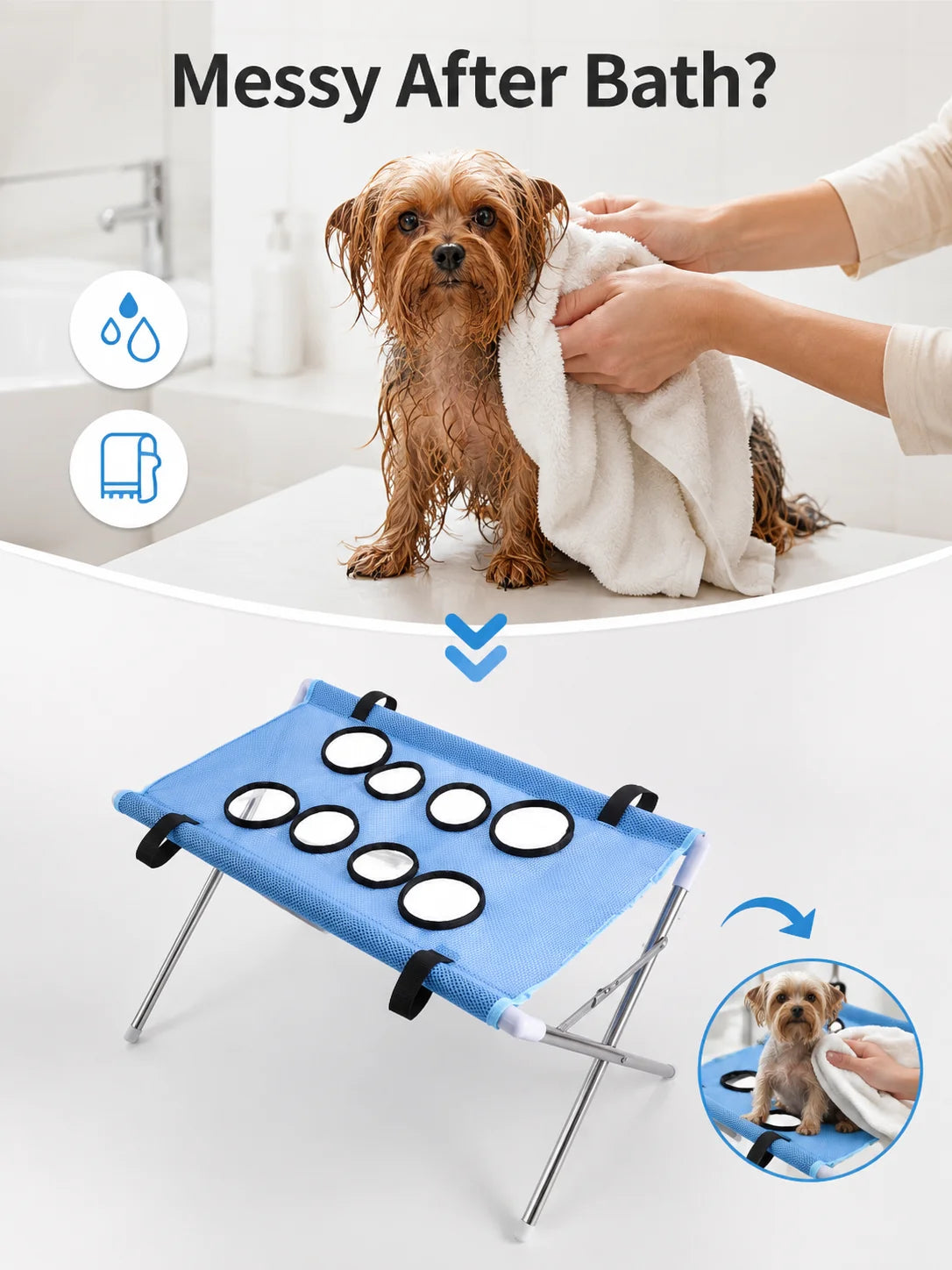 A foldable pet bath hammock stand is shown with a small dog being dried in the bath.