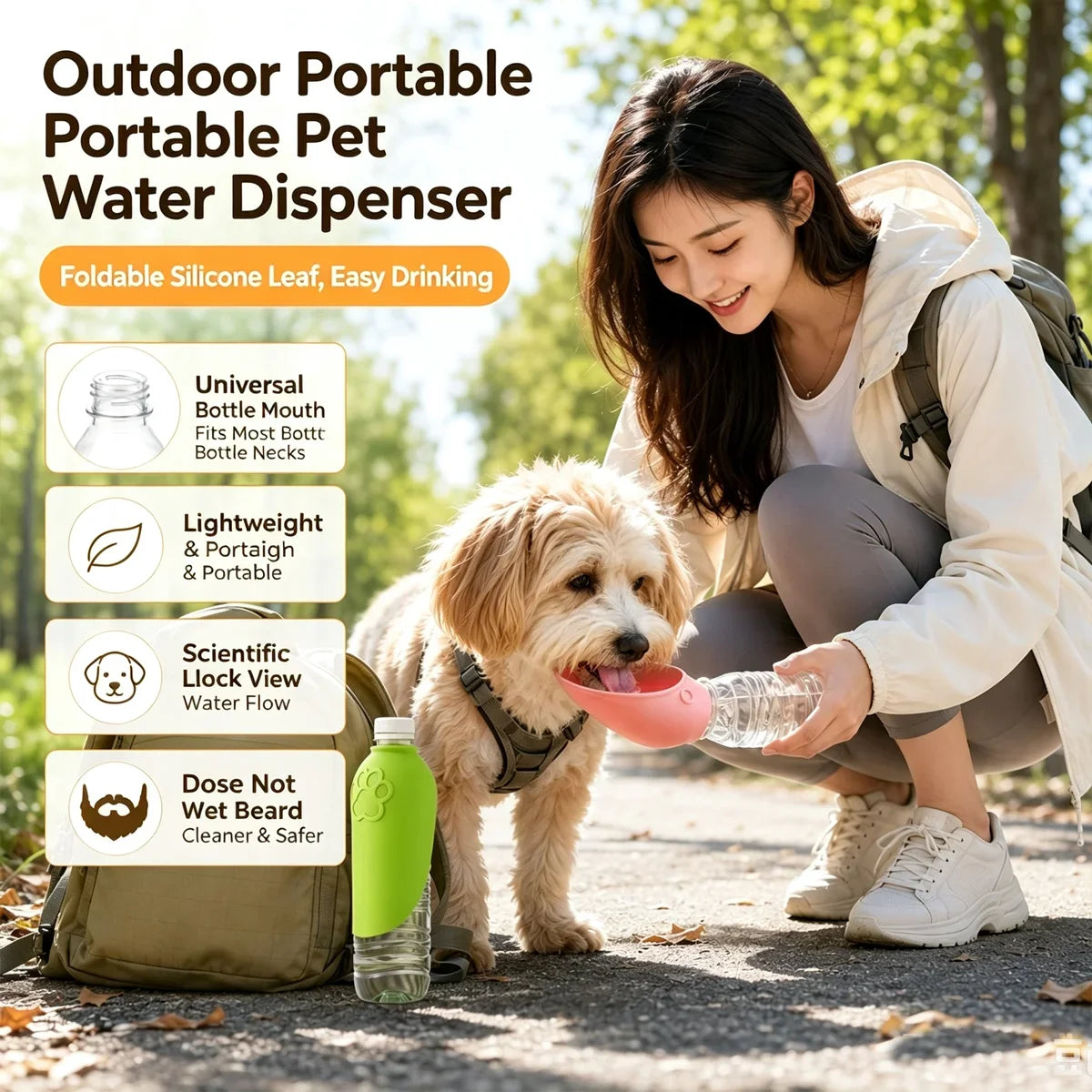A woman is shown using an outdoor portable pet water dispenser, a foldable silicone leaf, to feed a dog.