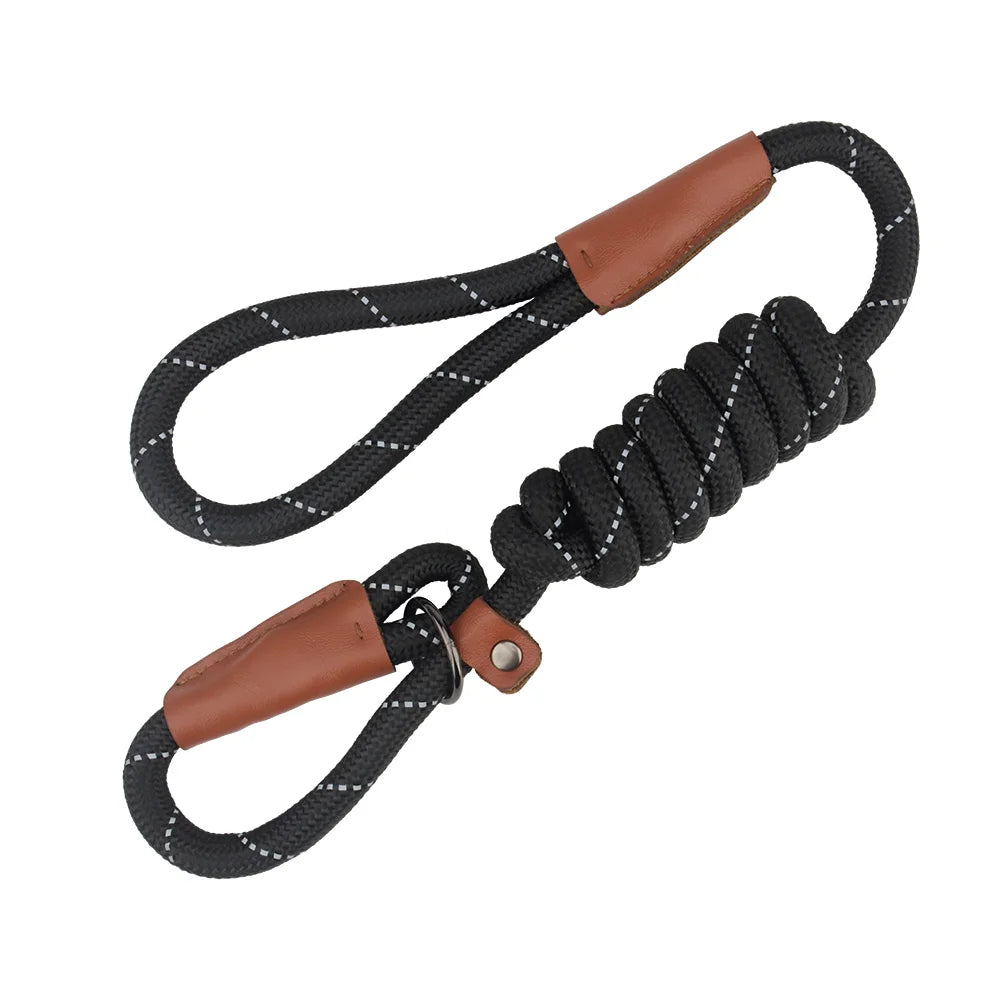 A brown and black reflective P-shape dog leash with a leather-like handle.