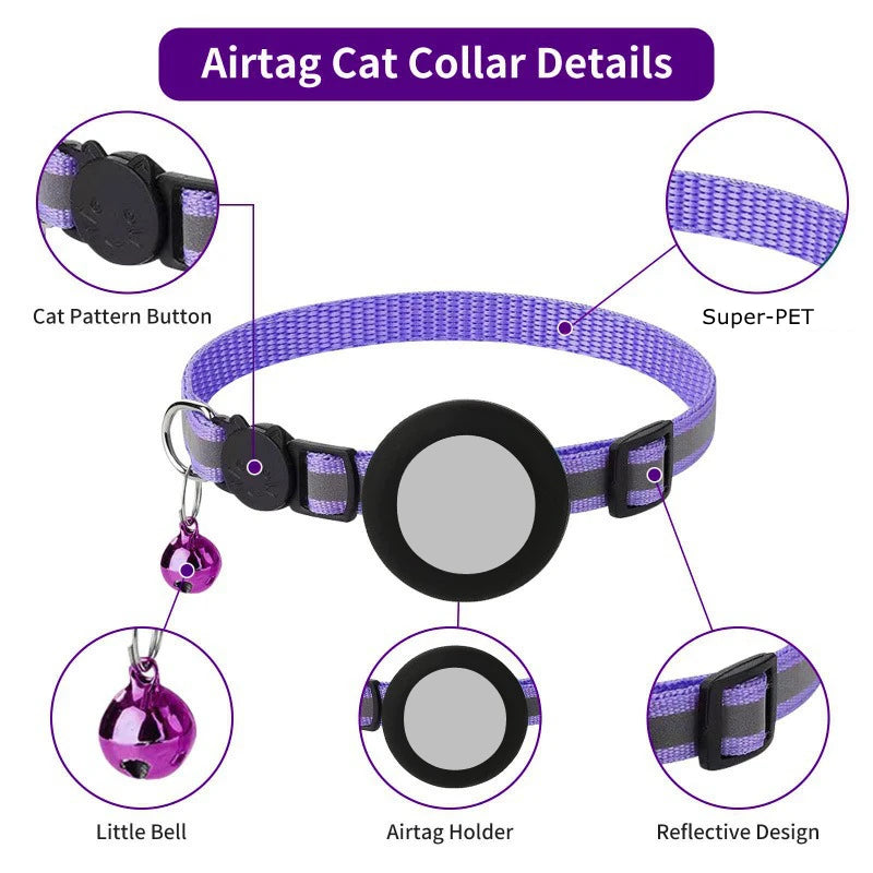 Details of an Airtag Cat Collar showing the pattern button, Super-PET material, little bell, Airtag holder, and reflective de