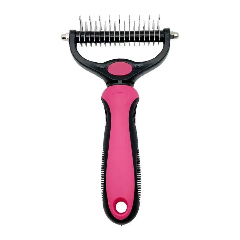 A pink and black professional pet deshedding brush for dogs and cats.