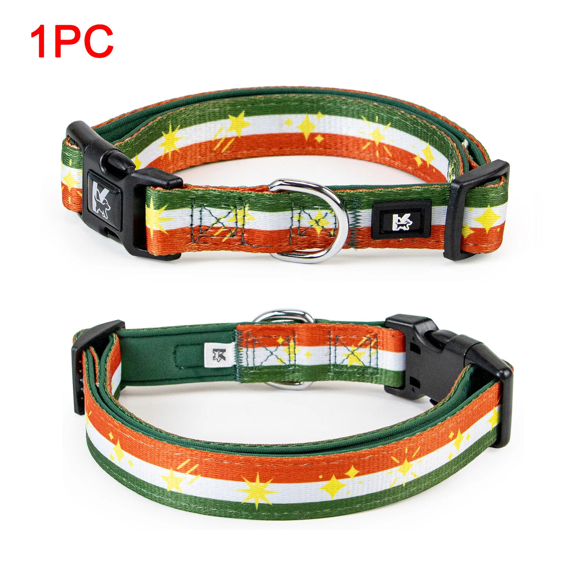 A green and orange plaid polyester dog collar with a black buckle and silver ring.