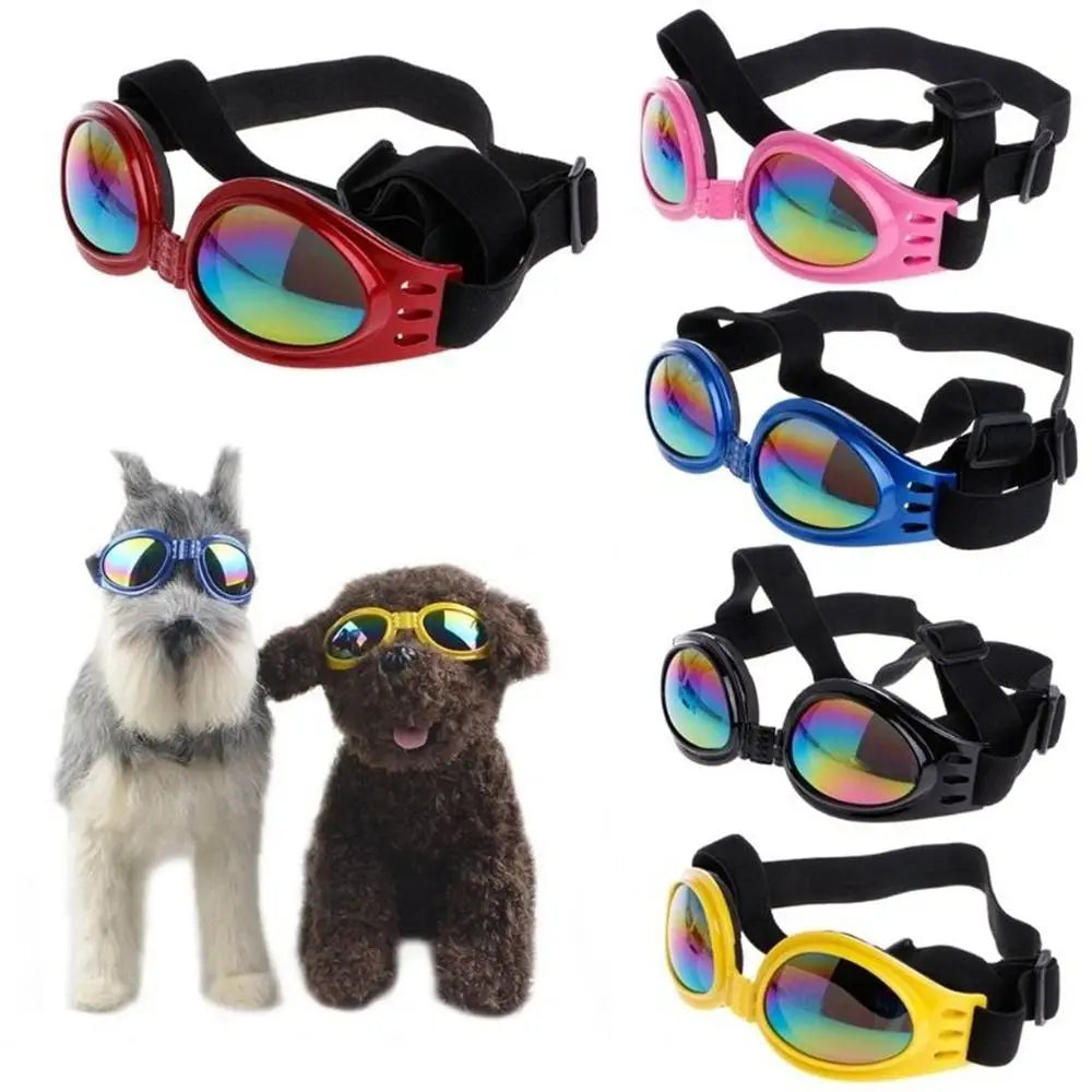 A collection of durable pet sunglasses in various colors and styles for pets.