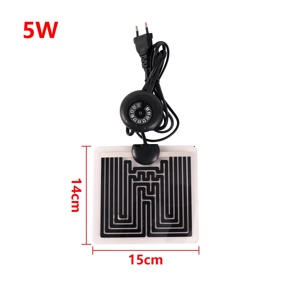 A black reptile heat mat with a thermostat and power cord, measuring 14cm by 15cm.