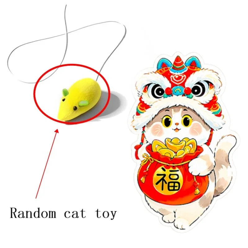 A self-adhesive wall-mounted cat scratcher featuring a decorative head and a hanging yellow toy.
