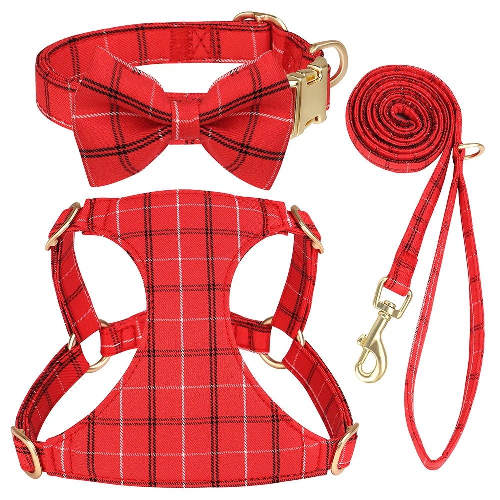 Classic Plaid Dog Collar, Harness & Leash Set with Bowtie