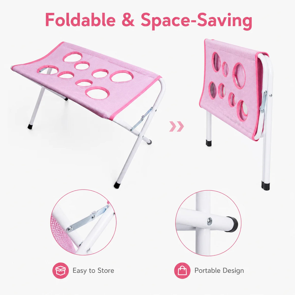 Hamac pliable rose pour toilettage d'animaux avec plusieurs trous pour le bain et la coupe des griffes