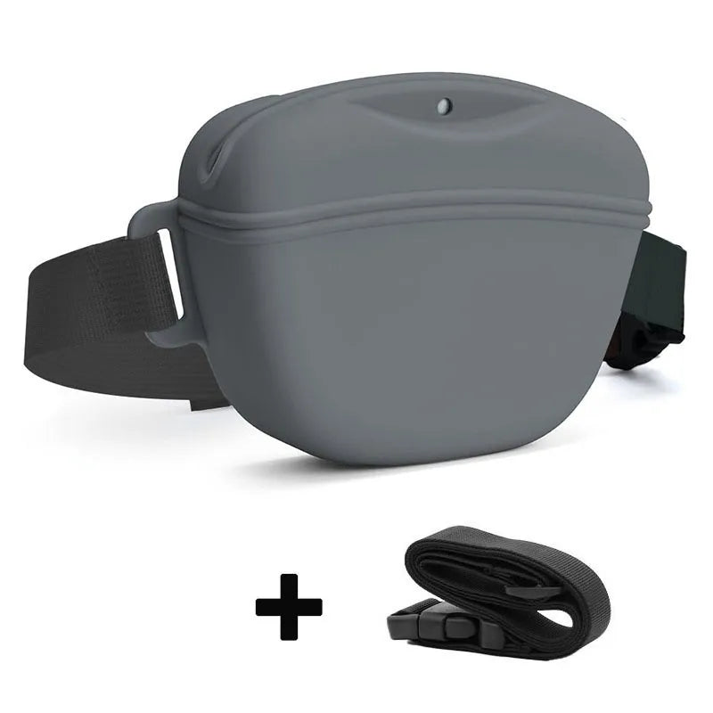 A gray silicone dog treat pouch with a black belt clip and an attached strap.