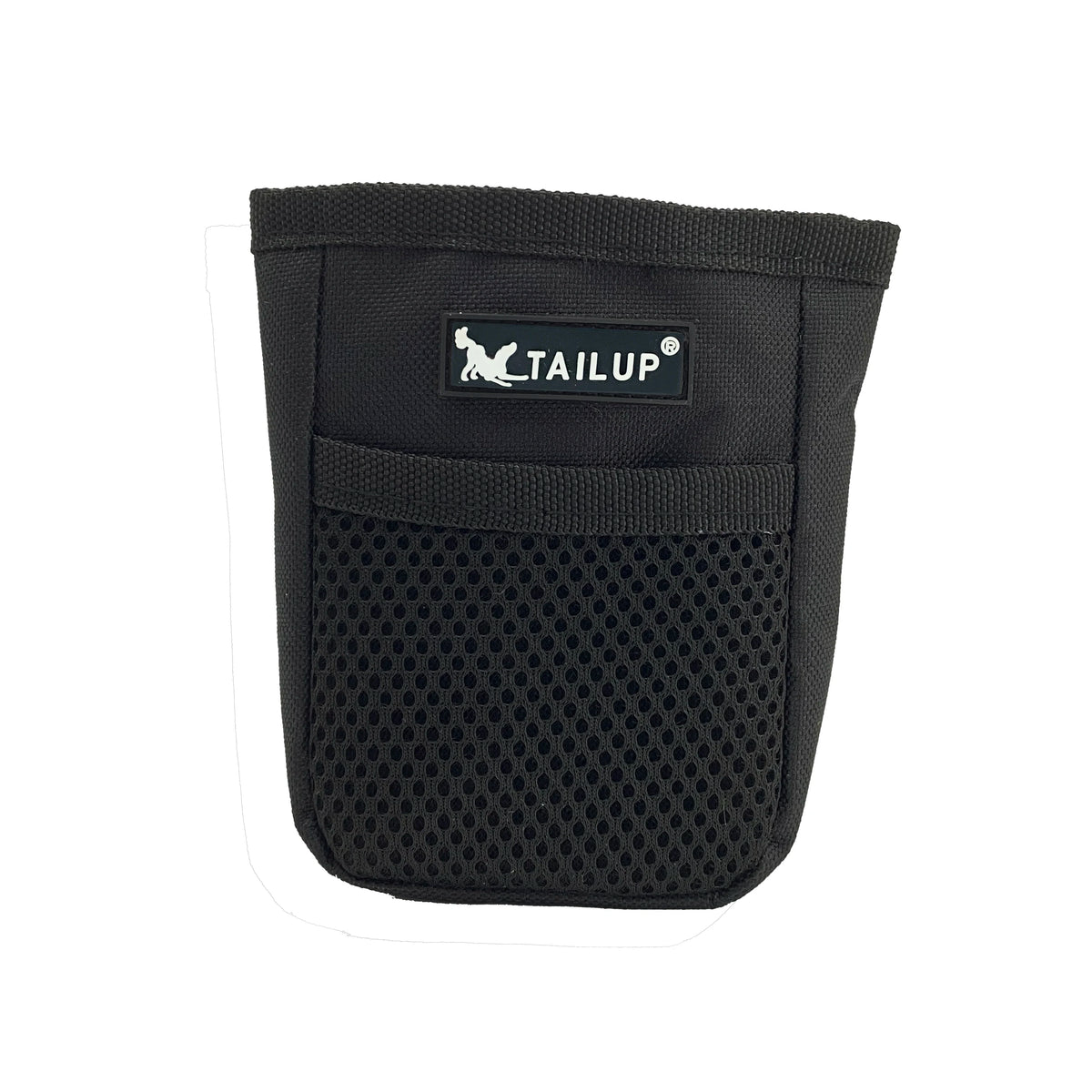 Pochette en tissu noir pour friandises d'entraînement pour chien avec une fenêtre en maille et un logo de marque