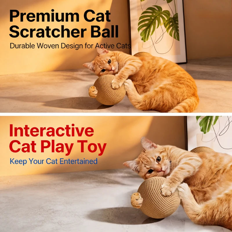 An orange tabby cat playing with a natural sisal cat scratching ball.