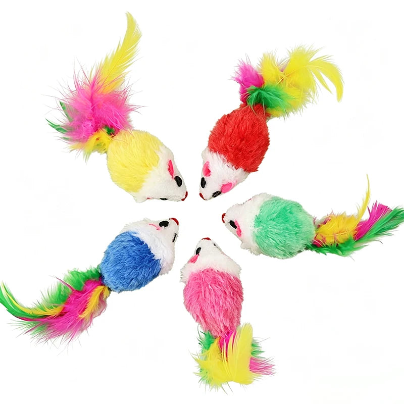Colorful plush mouse cat toy with feather tail featuring pink, yellow, and green accents.
