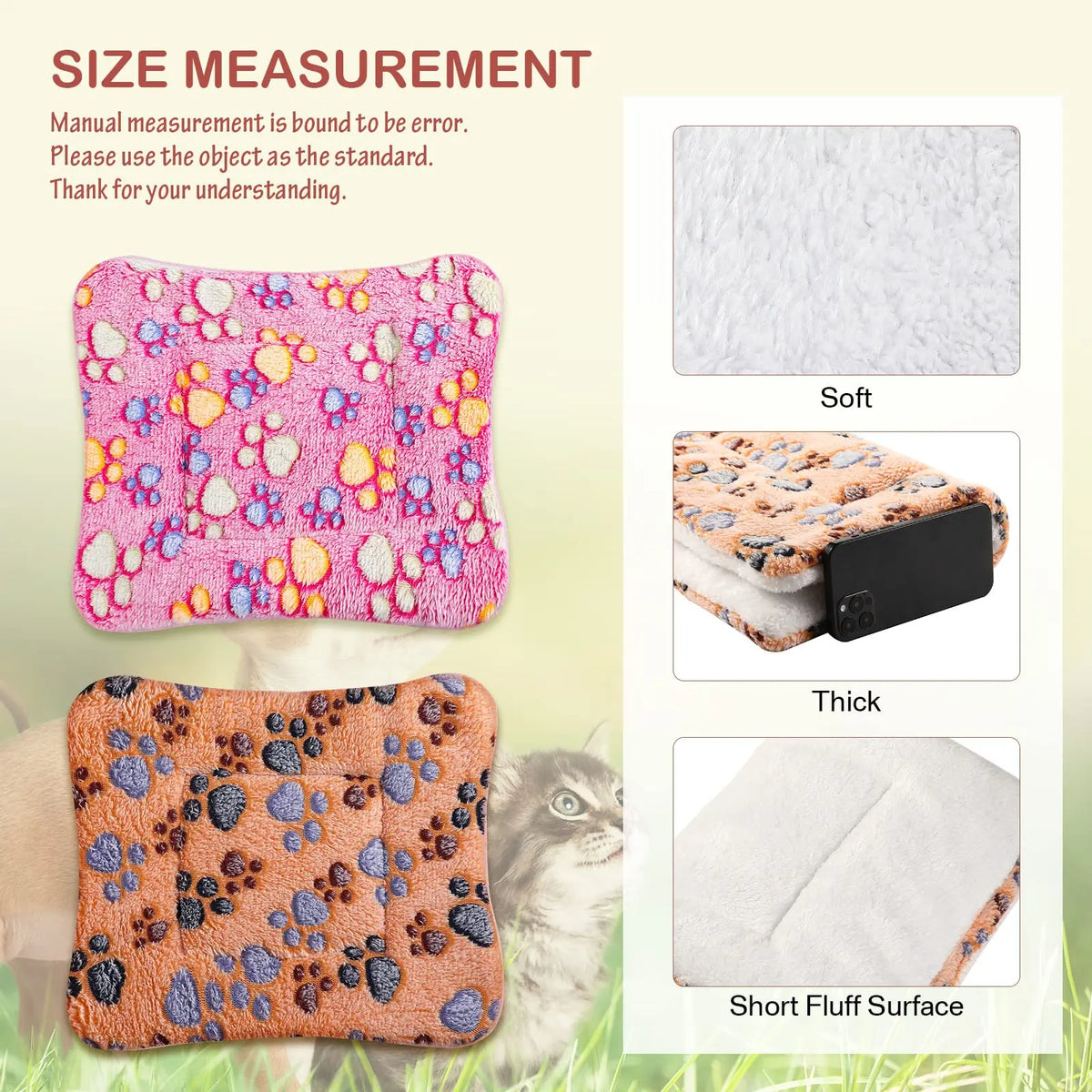 A set of cozy plush flannel pet mats and sleeping pads for dogs and cats shown in various textures and thicknesses.