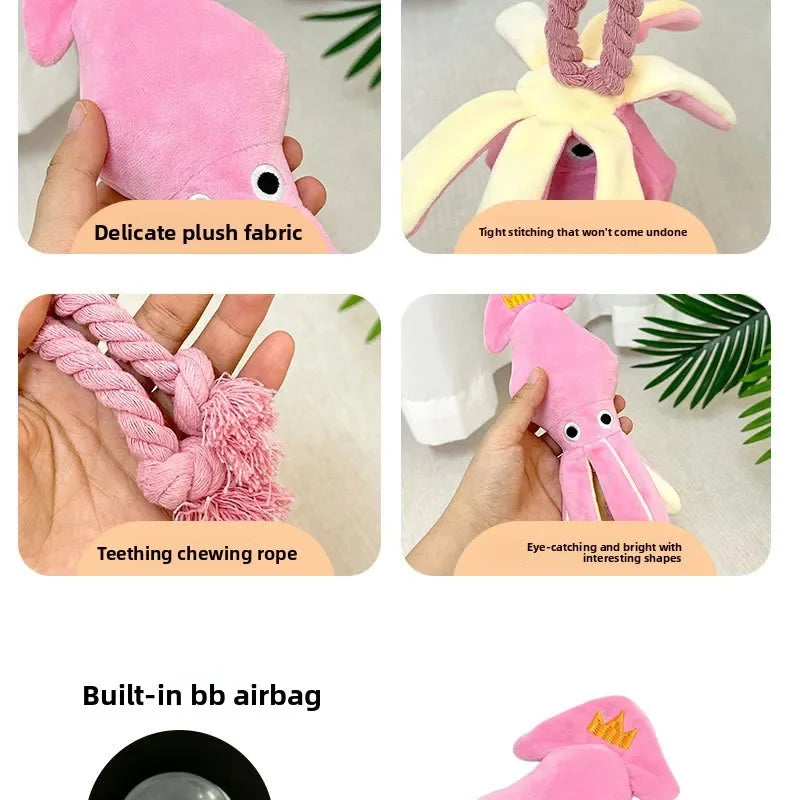 Pink plush octopus dog toy with a cotton rope tail for interactive play