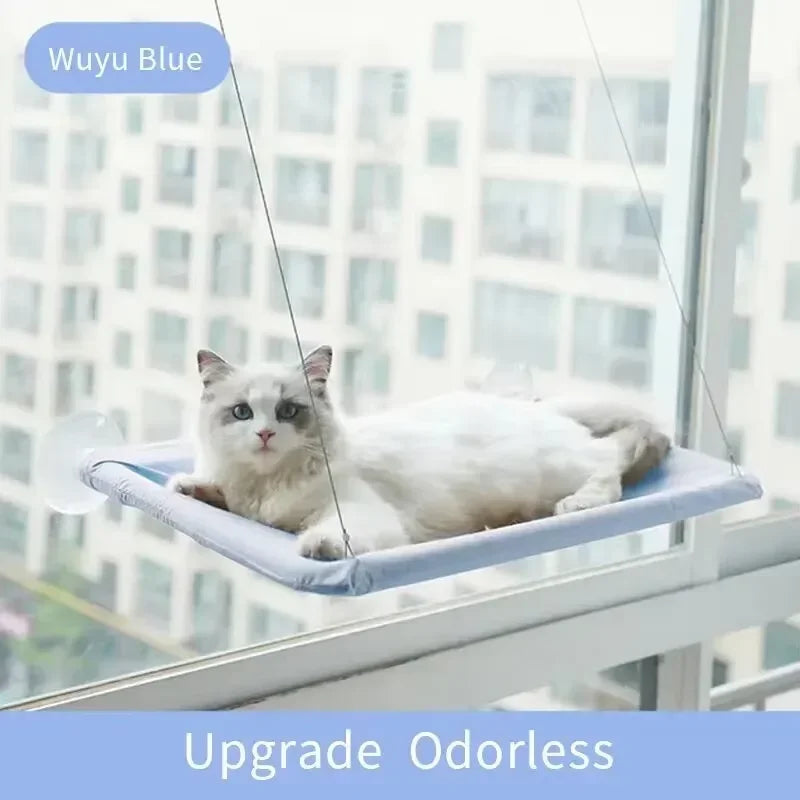 A white cat is relaxing in a blue window hammock, suspended by thin wires near a modern building.