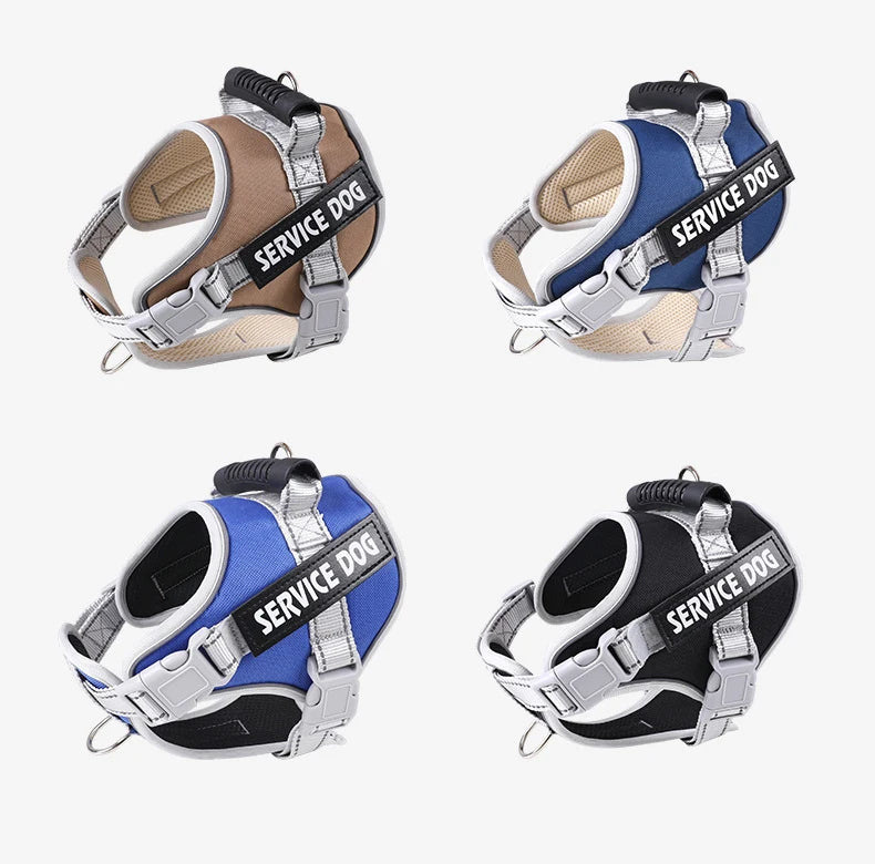Three variations of a reflective dog harness in black, gray, and blue with service dog branding.