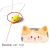 A yellow cat toy is shown hanging from a string, with a cutout of a cat face below.