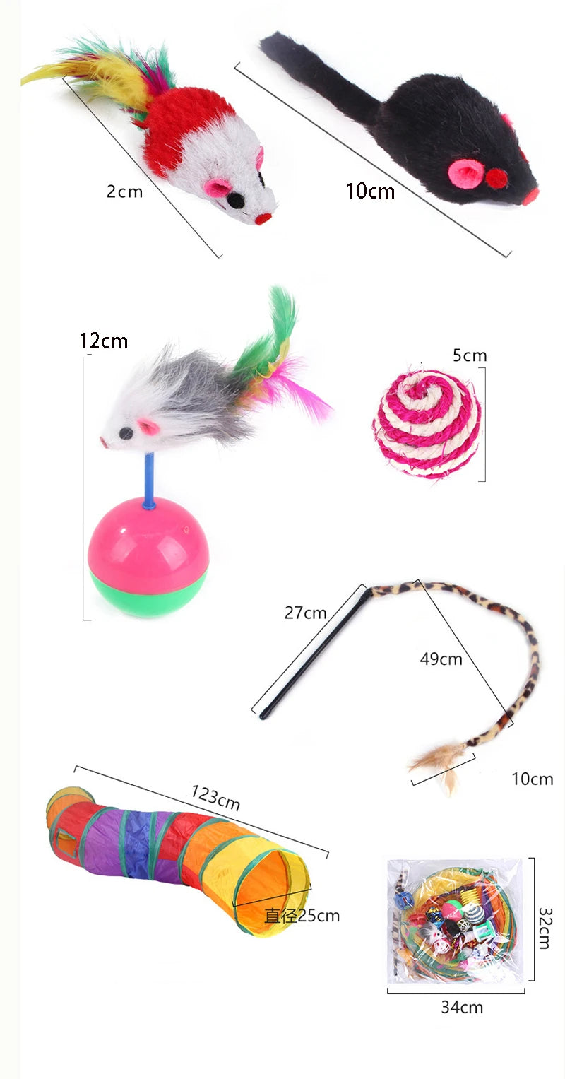 Interactive cat play toy set featuring a mouse, a pink ball, and a long feather wand with a decorative tail.