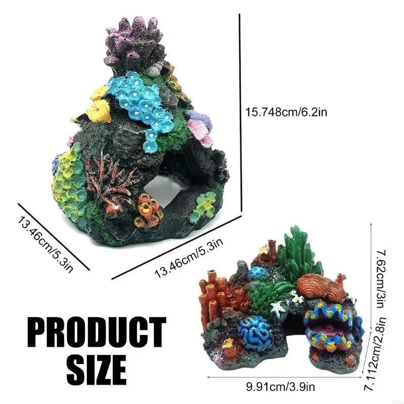 A dark, textured resin coral reef aquarium decor set featuring colorful marine life and rock formations.