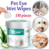 Pack of 130 Pet Eye Wet Wipes for cleaning dogs and cats with a tissue dispenser
