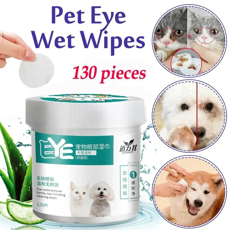 Pack of 130 Pet Eye Wet Wipes for cleaning dogs and cats with a tissue dispenser