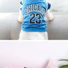 A white dog wearing a blue Chicago basketball vest with the number 23, sitting next to a patriotic bowl.