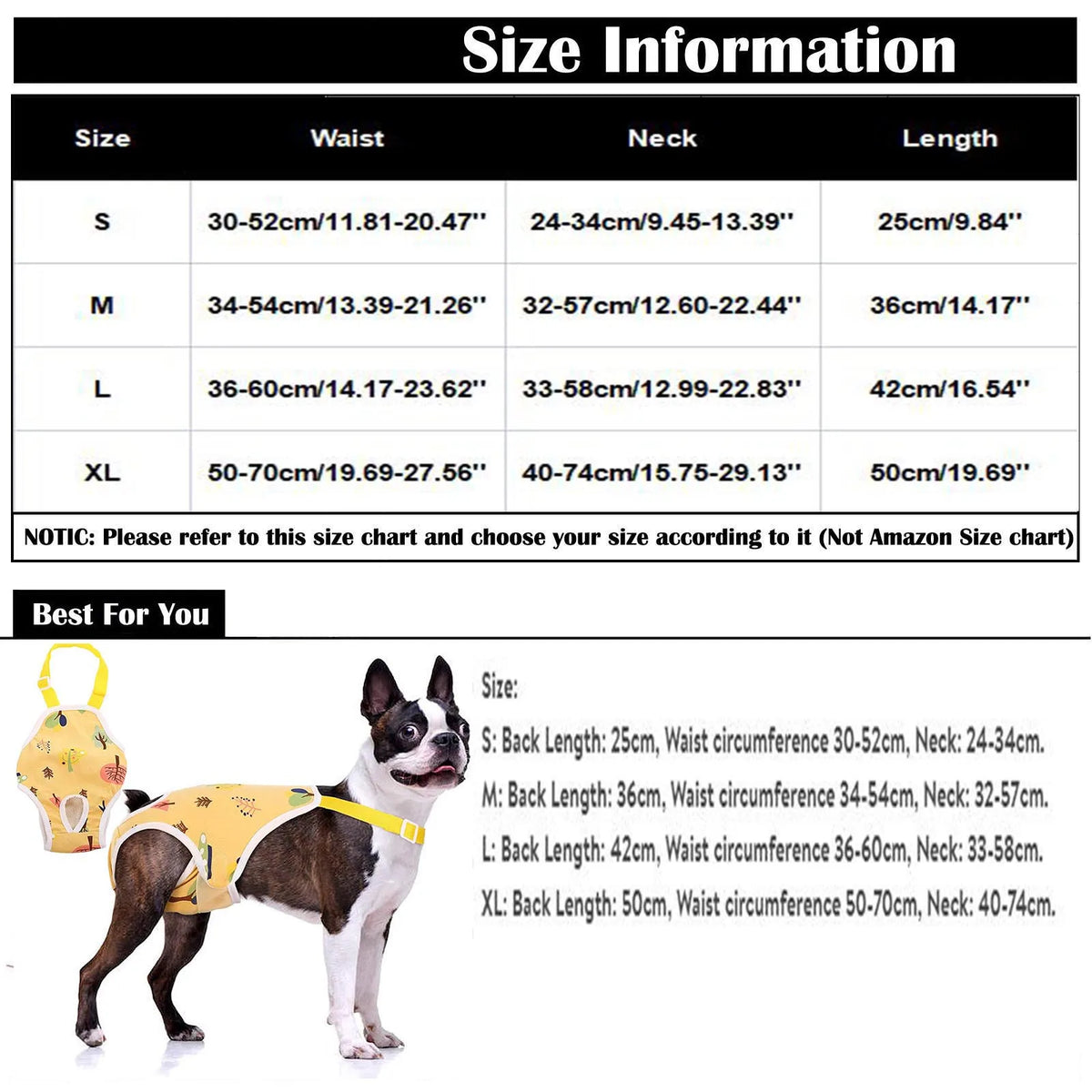 A black and white dog is wearing yellow adjustable diaper shorts with suspenders.