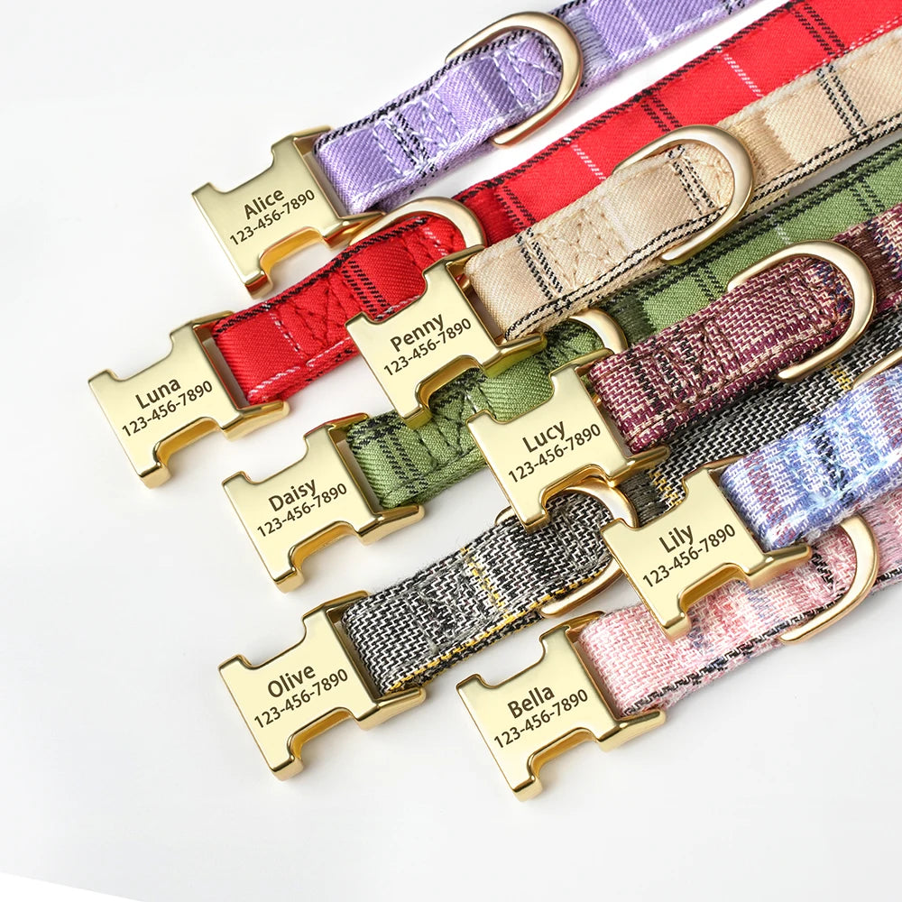 A collection of personalized bowtie dog collars featuring various colors and custom engraved nameplates.