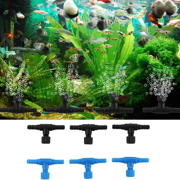 A set of black and blue aquarium air flow regulator valves for managing water flow.