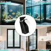 A black and white magnetic aquarium cleaning brush shown with various glass wall and smooth surface contexts.
