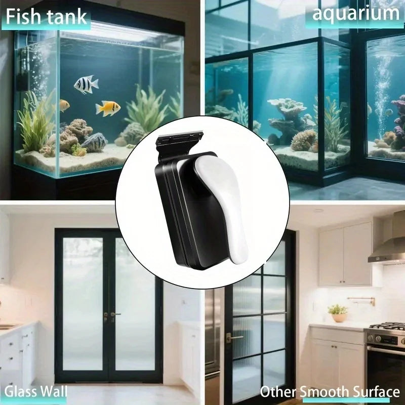 A black and white magnetic aquarium cleaning brush shown with various glass wall and smooth surface contexts.