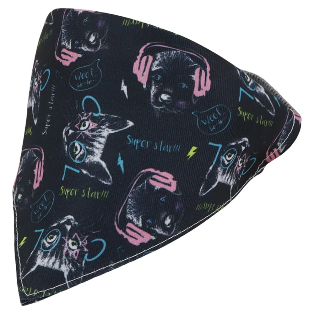 A black bandana with a cartoon print featuring dogs and cats wearing headphones and stars.