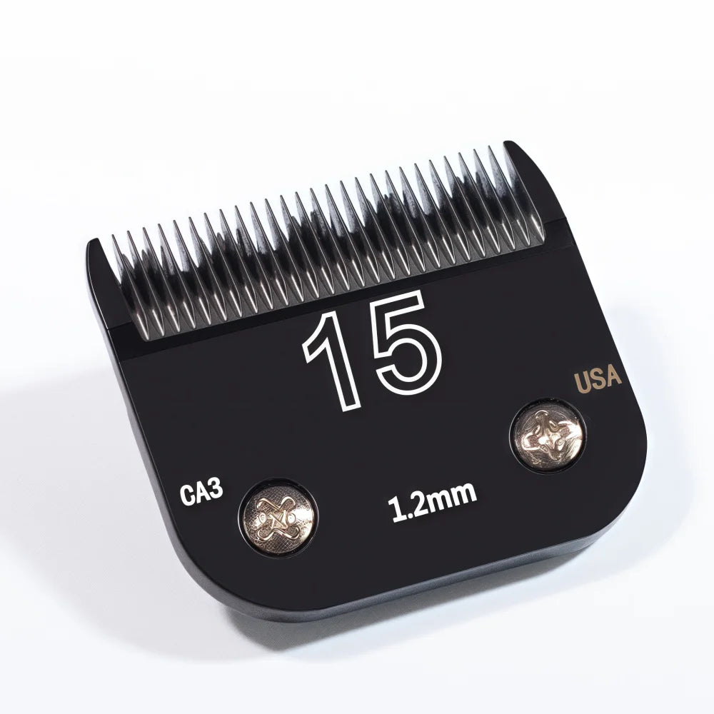 A black professional detachable dog clipper blade set with a 15 tooth comb and 1.2mm blade visible.