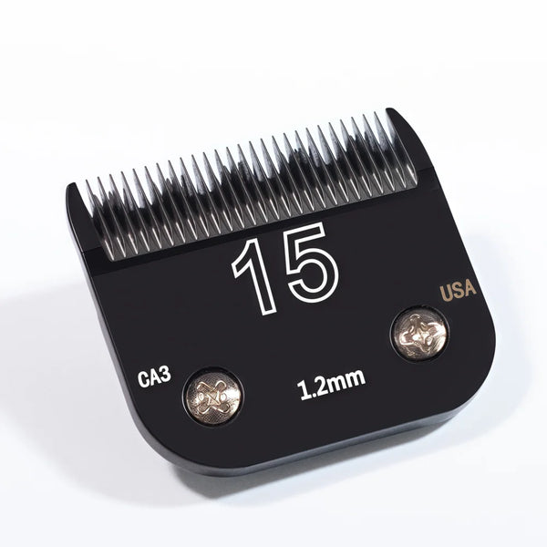 A black professional detachable dog clipper blade set with a 15 tooth comb and 1.2mm blade visible.