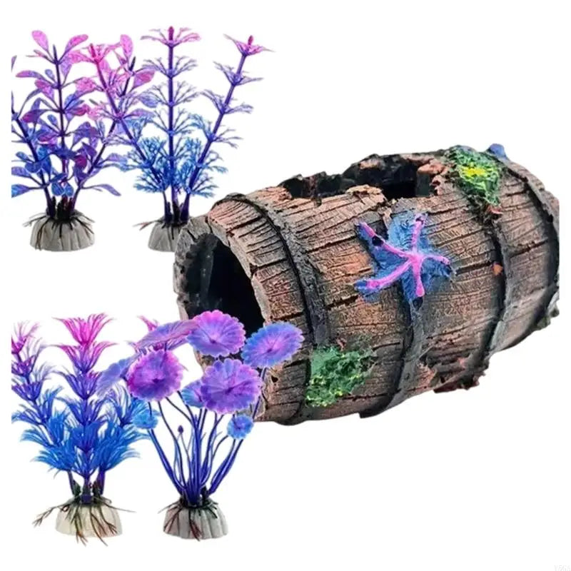 A set of colorful resin fish tank ornaments featuring purple, blue, and green coral reef life inside a wooden log structure.