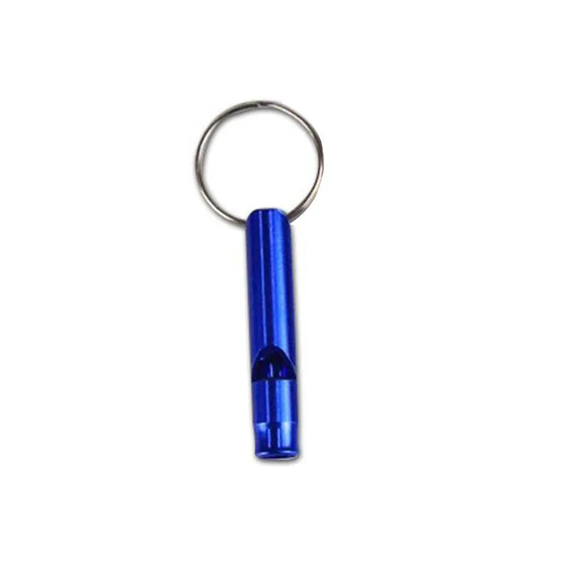 A blue parrot training whistle with a metal hoop.