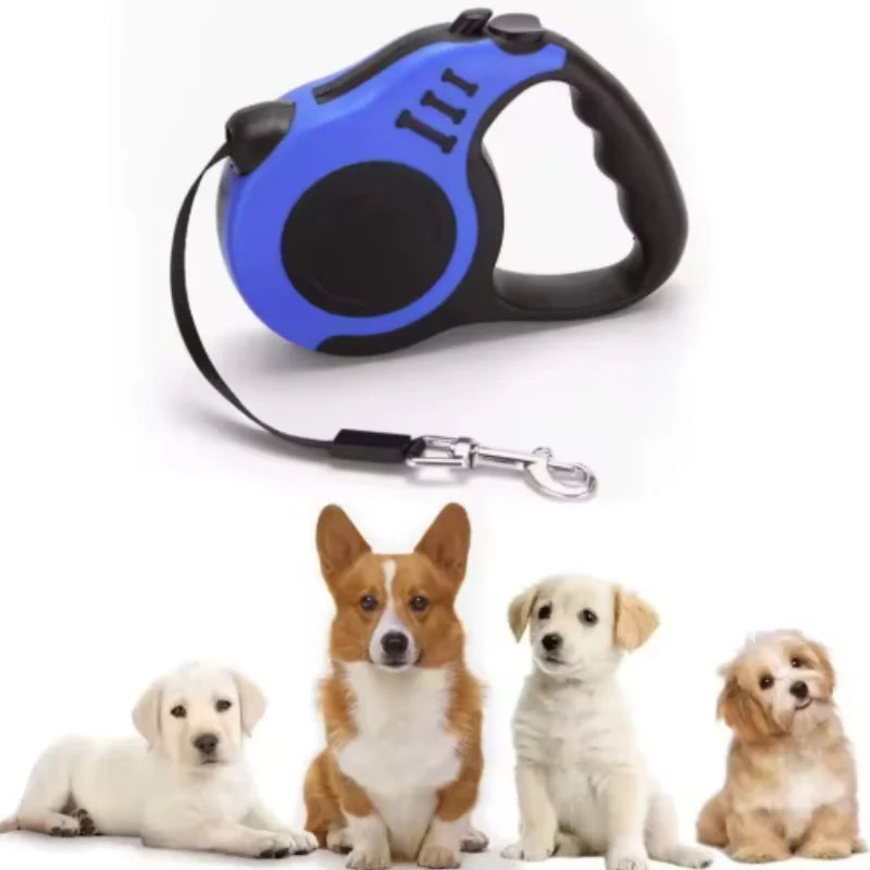 A blue automatic retractable dog leash is shown next to several small dogs.