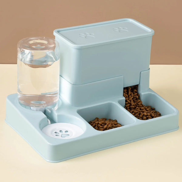 A light blue automatic cat feeder and water fountain device with a separate compartment for dry food.