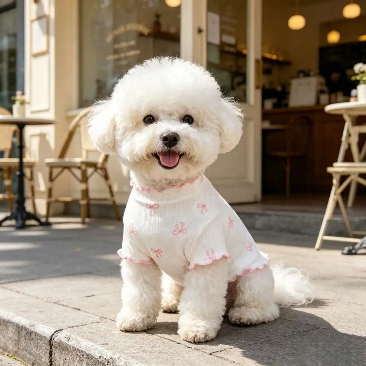 Un chien blanc et duveteux portant un pull tricoté rose avec un nœud papillon, assis sur une corniche de pierre.