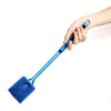 A hand holds a blue dual-sided aquarium cleaning brush with a blue head against a white background.
