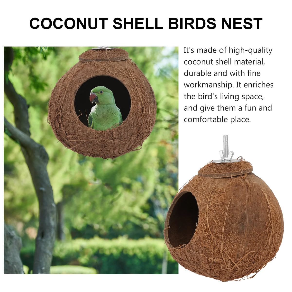 A brown coconut shell bird nest with a circular entrance, shown in an outdoor setting.
