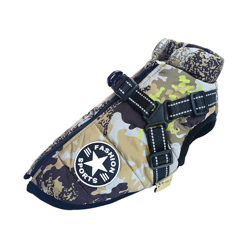 Chaleco/arnés para perro con patrón de camuflaje, correas negras y emblema de estrella