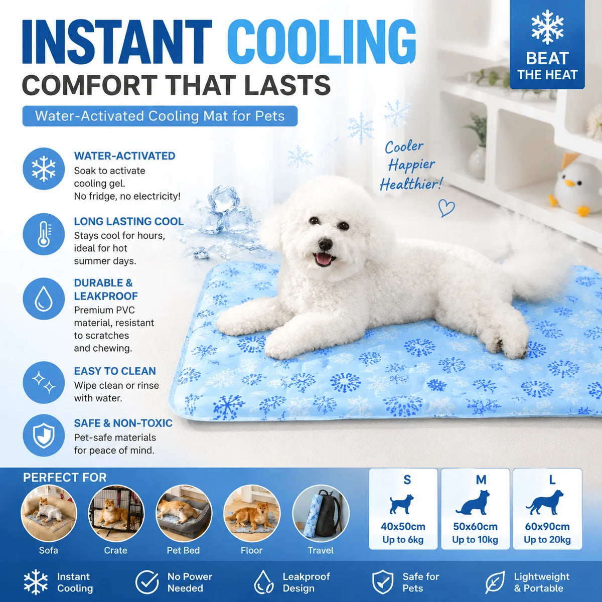 A white dog lies on a blue water-activated cooling mat for instant cooling comfort.