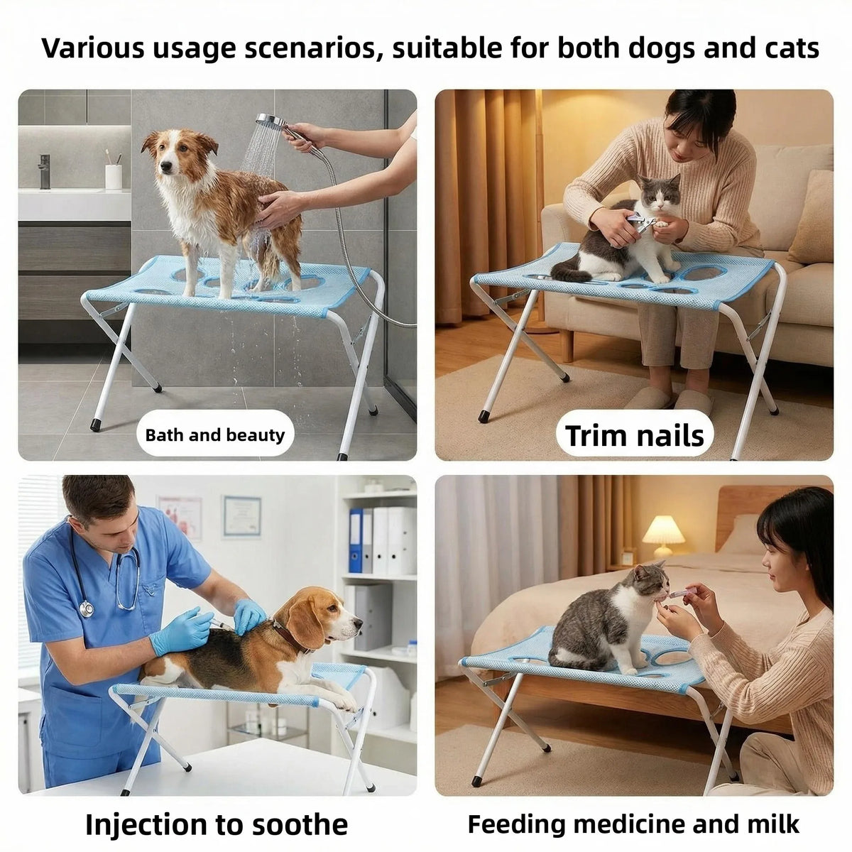 Foldable pet bathing stand used for various scenarios including bath and beauty, nail trimming, injection to soothe, and feed