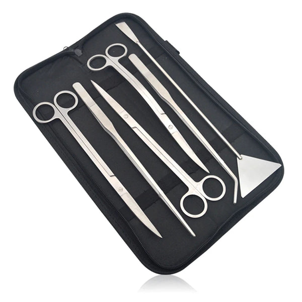 A black case holding a set of stainless steel aquarium plant care and cleaning tools.